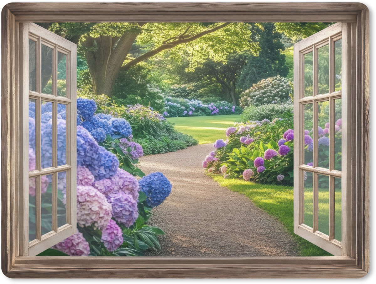 Muismat 23x19 cm - Mousepad Doorkijk - Tuin - Raam - Hortensia - Bloemen - Muismatten