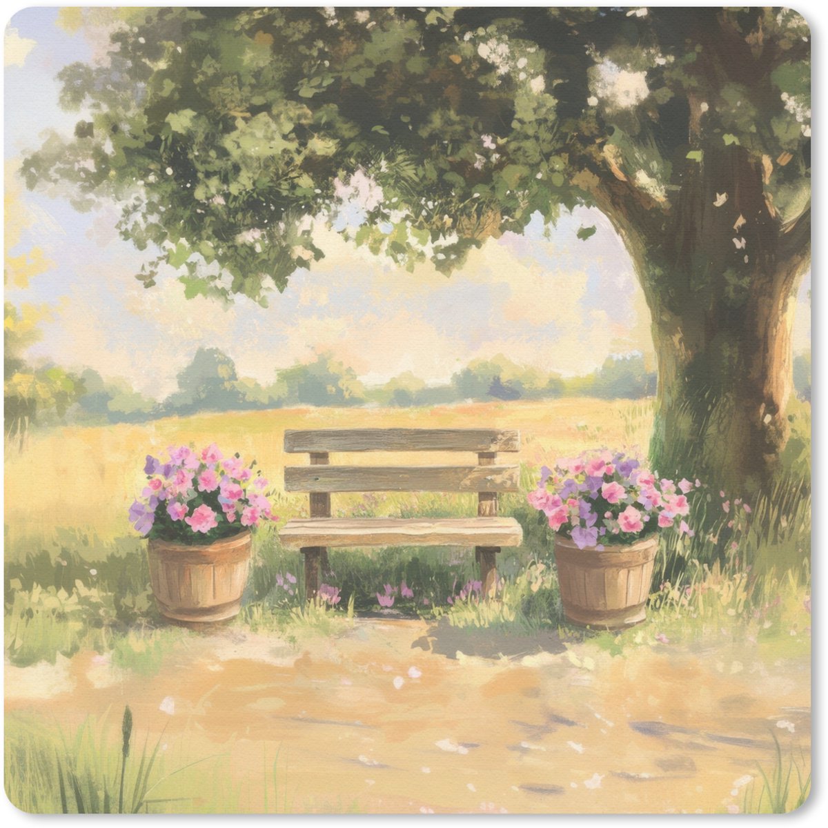 Muismat 20x20 cm - Mousepad Houten bankje - Bloempotten - Landschap - Muismatten