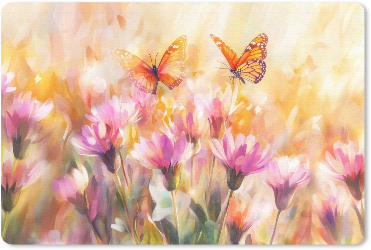 Muismat 27x18 cm - Mousepad Vlinders - Oranje - Bloemen - Muismatten