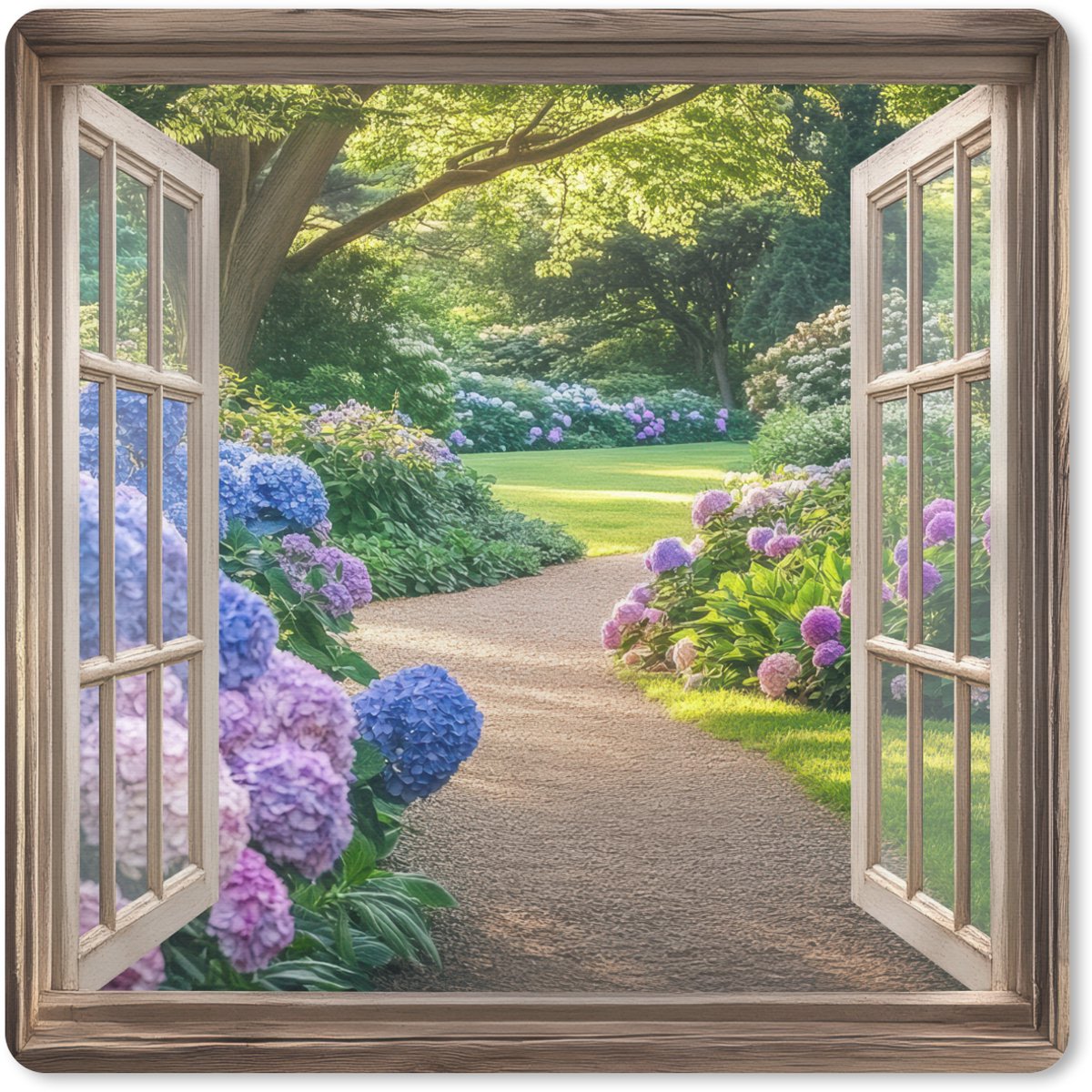Muismat 30x30 cm - Mousepad Doorkijk - Tuin - Raam - Hortensia - Bloemen - Muismatten