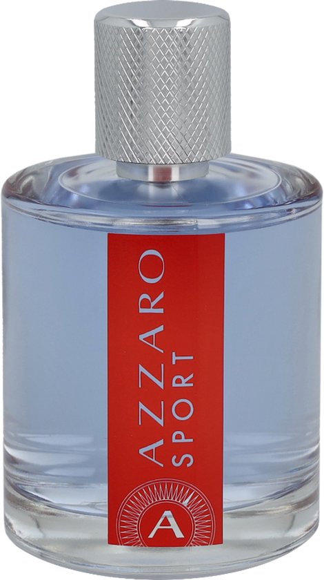AZZARO SPORT Eau de Toilette in een doorzichtige fles met een rode band met witte letters.