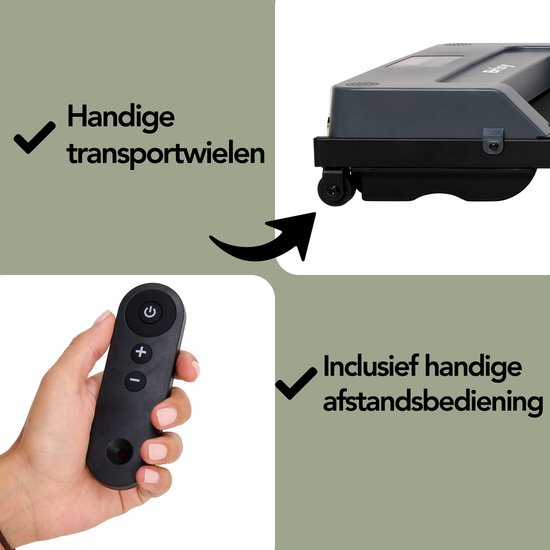 Onderdelen van de grijze loopband: transportwielen en een zwarte afstandsbediening in een hand.