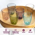 Six verres colorés (ambre, vert, violet, bleu, gris, transparent) dans un bol en bois. Lavable au lave-vaisselle et au micro-ondes, 310 ml chacun.