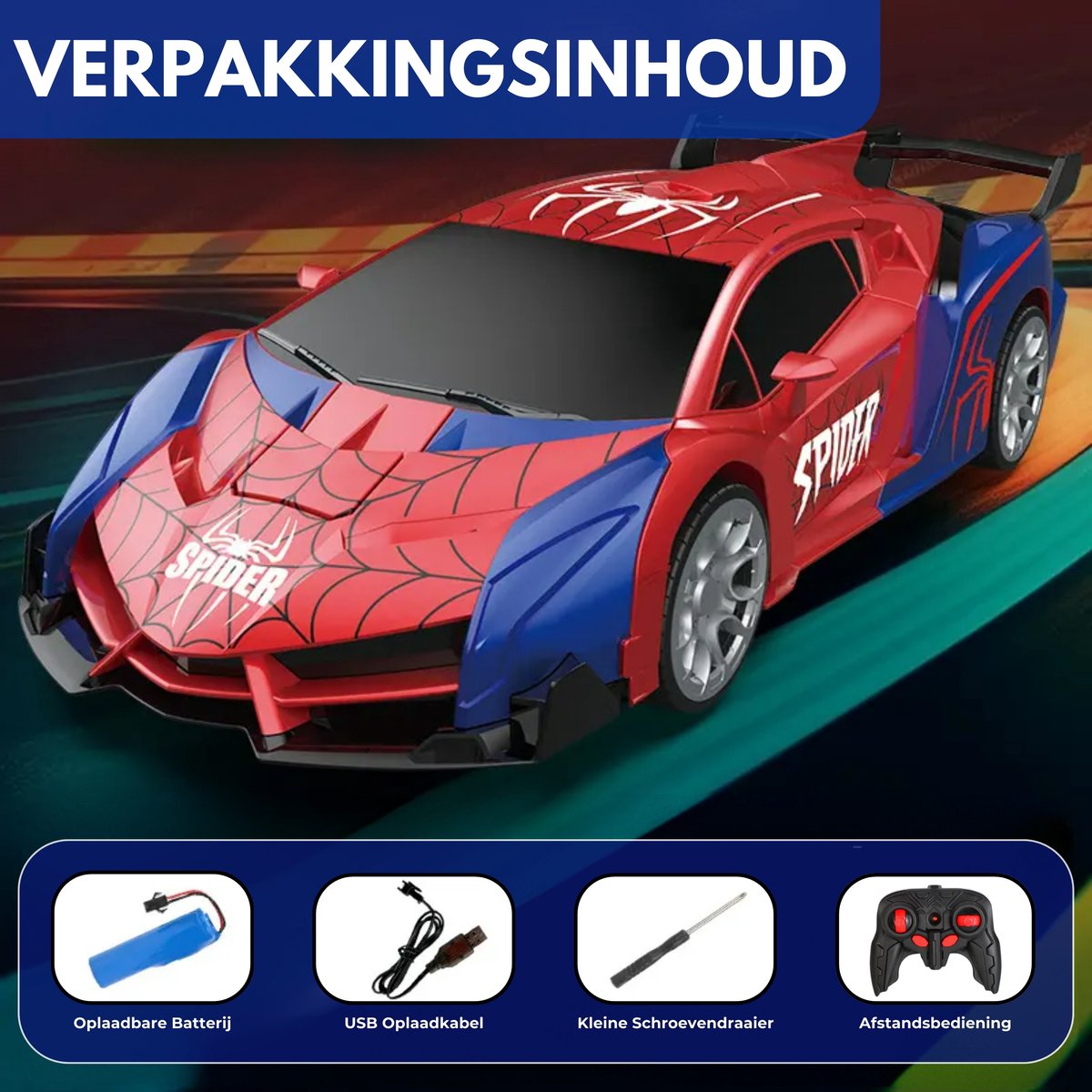 Boncy® Bestuurbare RC Auto - Transformerend Robot Speelgoed Binnen & Buiten - Afstandbestuurbaar Race Drift Car - Jongens Meisje - Afstandsbestuurbaar Raceauto Accu Spiderman Alternatief Stuntauto - Bestuurbaar Elektrisch Autos Afstandsbediening — afbeelding 8