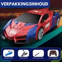 Rode en blauwe Spiderman-raceauto, met afgebeelde accessoires: oplaadbare batterij, USB-kabel, schroevendraaier en afstandsbediening.
