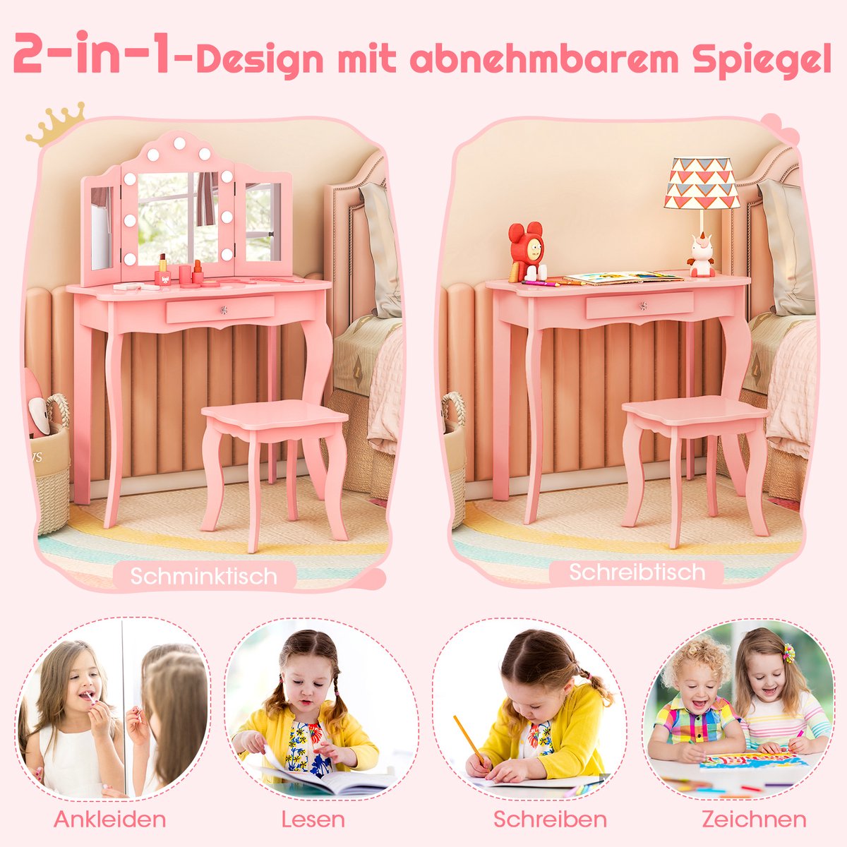 COSTWAY make uptafel voor kinderen met kruk, 2 in 1 kaptafel, bureau