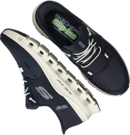 Boven- en zijaanzicht van blauwe Skechers Slip-ins Glide Step instappers.