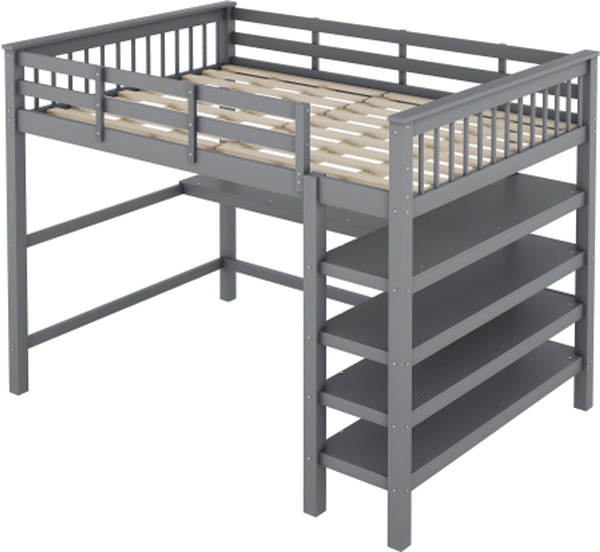 vidaXL Hoogslaper, 140 x 200, kinderhoogslaper met opbergvakken en onderbedbureau, zonder matras, grijs