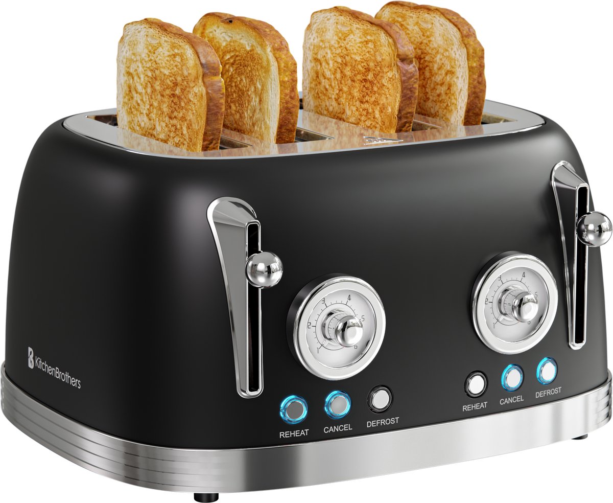 KitchenBrothers Retro Broodrooster - Toaster - 6 Warmteniveaus - 4 Extra Brede Sleuven - BPA-vrij - 815W - Zwart