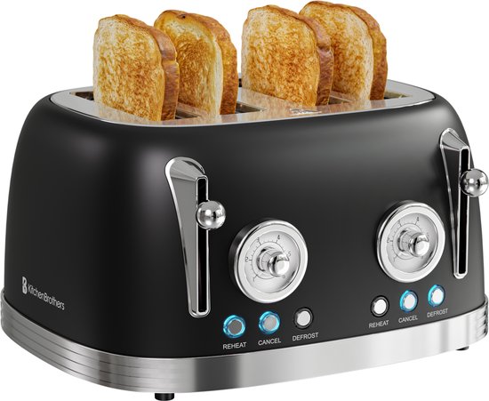 Grille-pain rétro KitchenBrothers - 6 niveaux de chaleur - 4 fentes Extra larges - 815 W - Zwart
