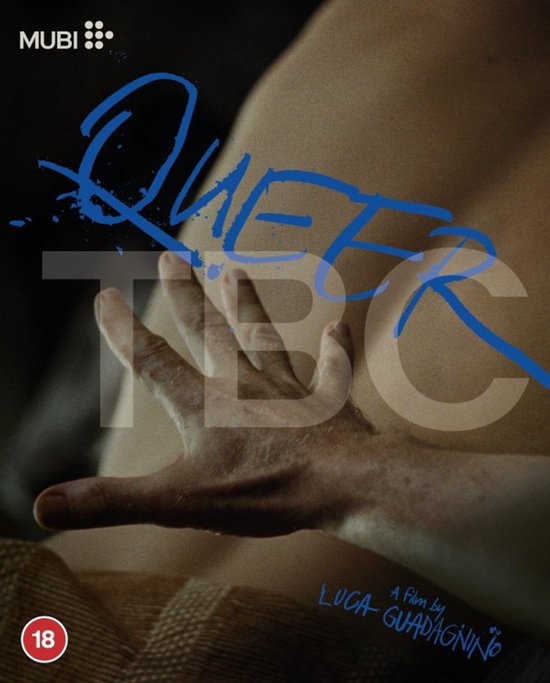 De hoes van de film 'Queer' toont een close-up van een hand die een blote borst aanraakt. De titel 'Queer' is in blauwe, gestileerde letters geschreven.