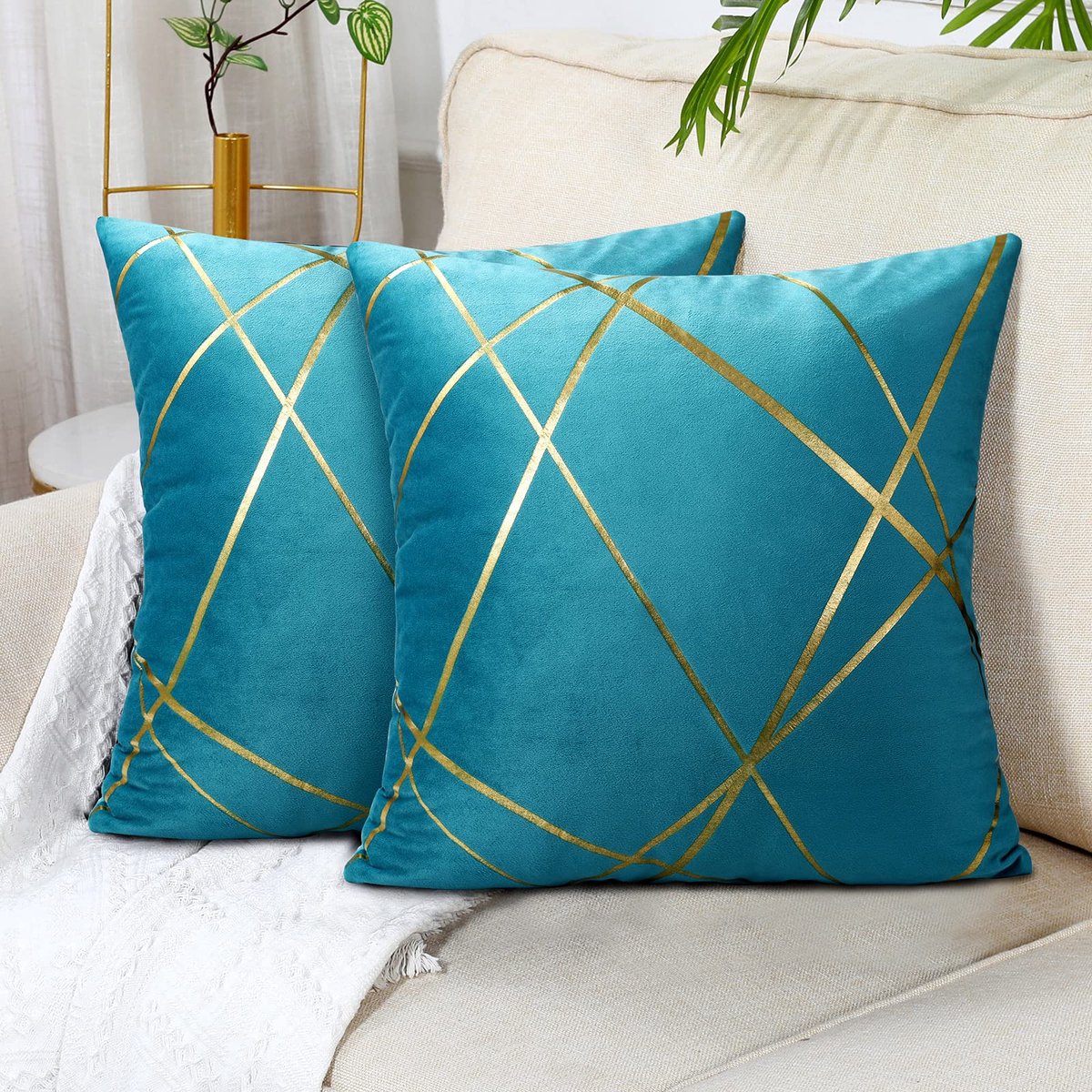 Ibenzoa Kleurrijke Luxe Fluwelen Kussenslopen met Geometrisch Design voor Stijlvol Interieur, 40 x 40 cm, Set van 2 blauw