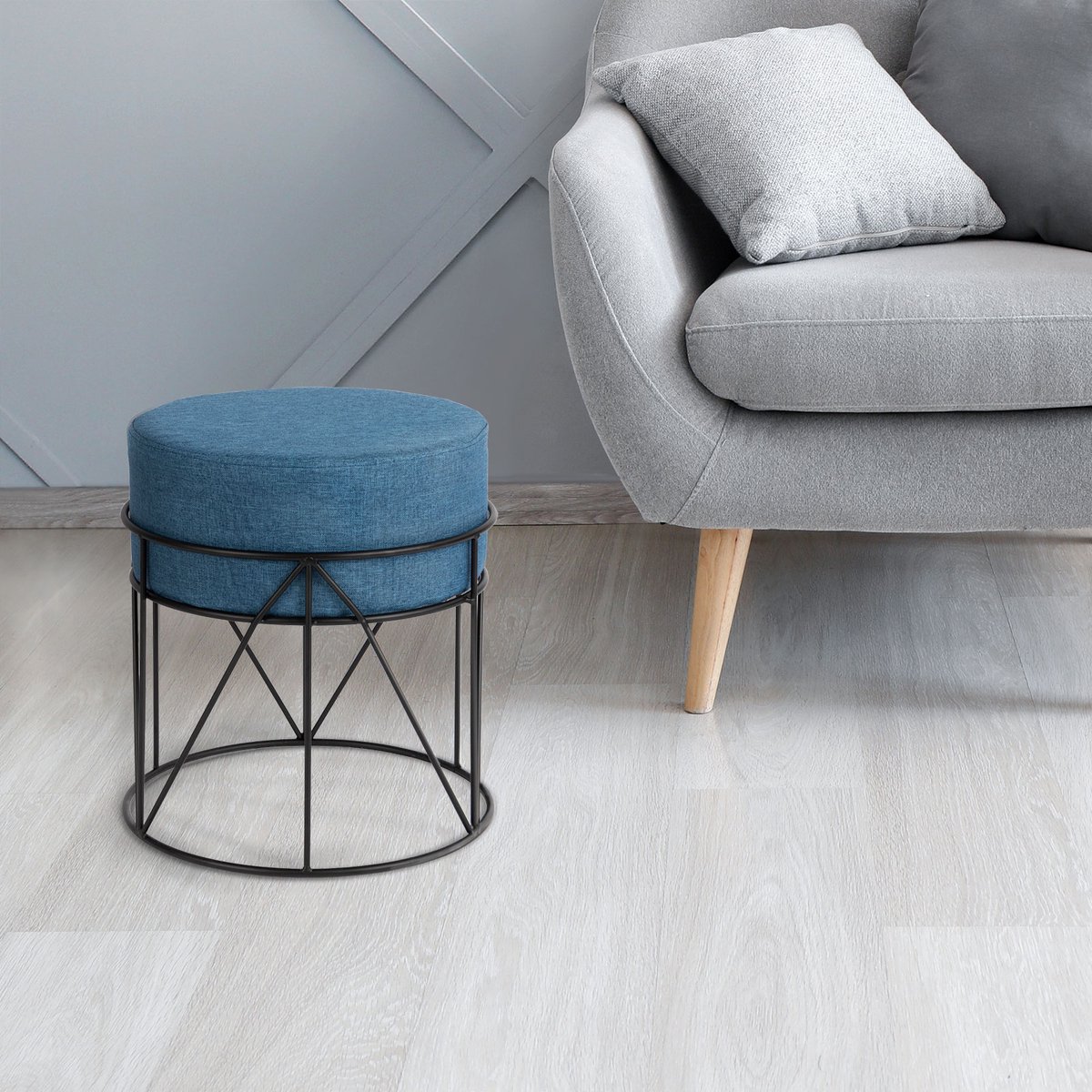 FLOORDIREKT Metalen Kruk - Blauw & Zwart - Kaptafelstoel - Moderne Zitmeubelen