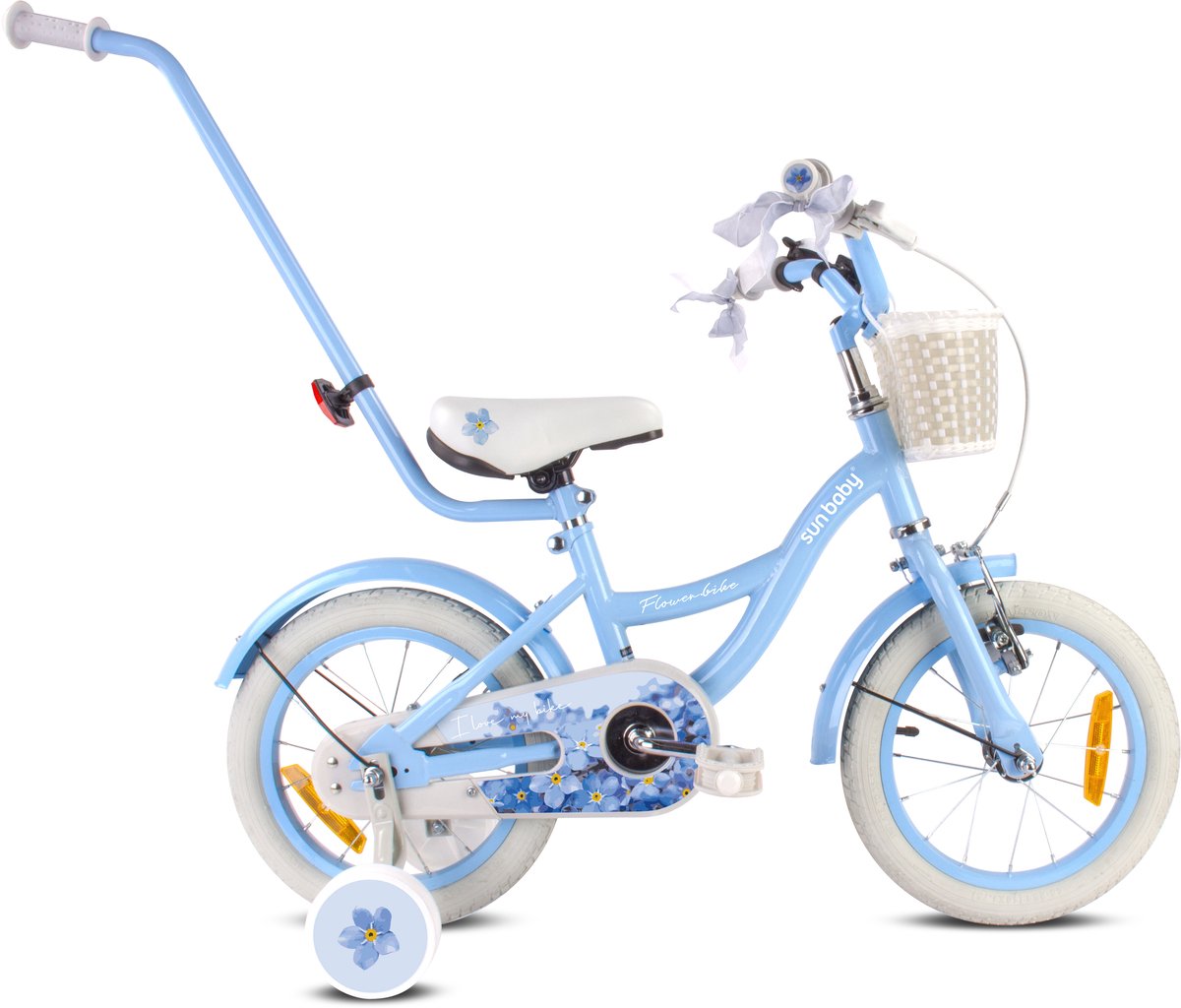 Flower Bike Fiets voor een meisje van 3 tot 5 jaar, 14 inch Blauw, met fietsbel, zijwieltjes, duwstang en stuurmandje