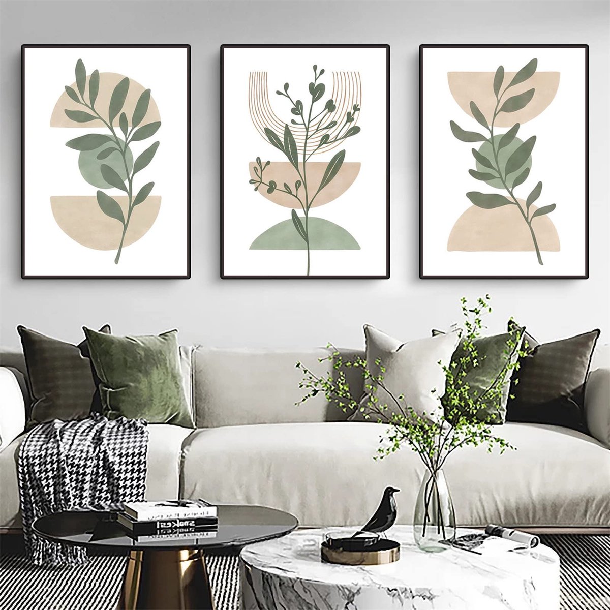 Ibenzoa Abstracte Canvas Kunst Posterset met Planten en Geometrische Ontwerpen voor Stijlvolle Interieurdecoratie groen