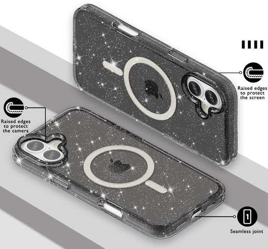 Coque IYUPP pour iPhone 16, Glitter MagSafe, antichoc, Zwart et transparente