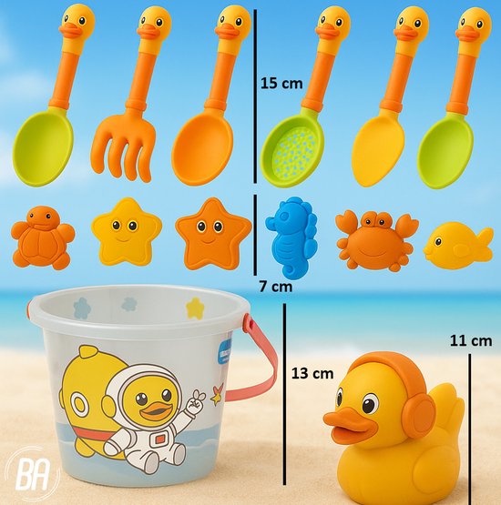 Beach toys: orange and green scoops, rake, yellow molds (star, crab, fish, turtle, seahorse), clear bucket with duck, yellow duck.