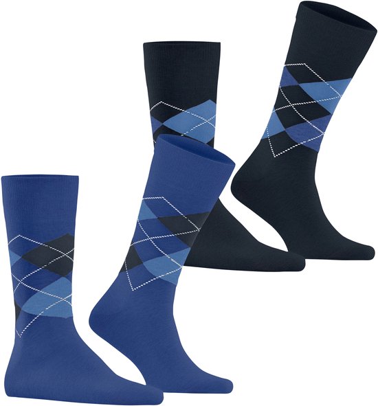 Twee paar donkerblauwe Burlington sokken met lichtblauw ruitpatroon.