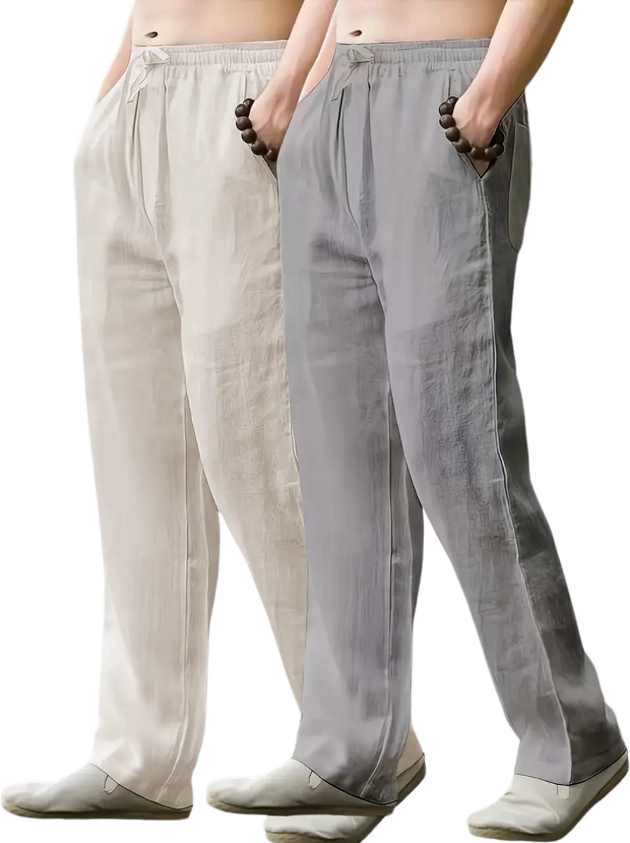 Nivard Linnen Broek Heren Zomerbroek Volwassenen Lange Broek Pantalon Strandbroek Zomer Ibiza Stijl 2 Stuks & Grijs
