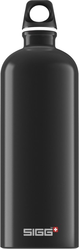 Gourde SIGG noire en aluminium avec bouchon en forme de boucle.