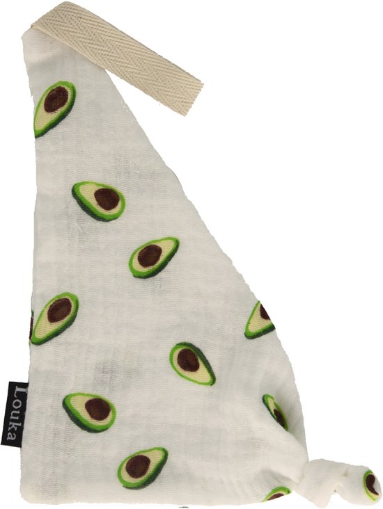 Wit, driehoekig hydrofiel speendoekje van Louka met avocado print en lusje.