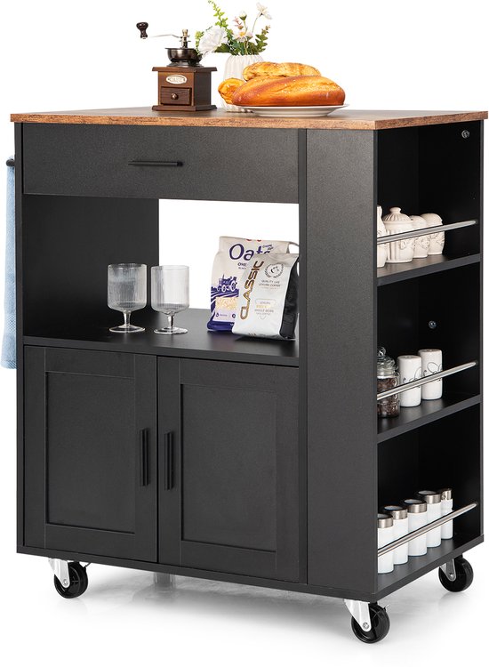 COSTWAY Keukentrolley op wieltjes, serveerwagen met werkblad, handdoekhouder, 3 kruidenrekken en lade, keukeneiland, hout, verrijdbare keukenkast, voor keuken, eetkamer en bar (zwart)