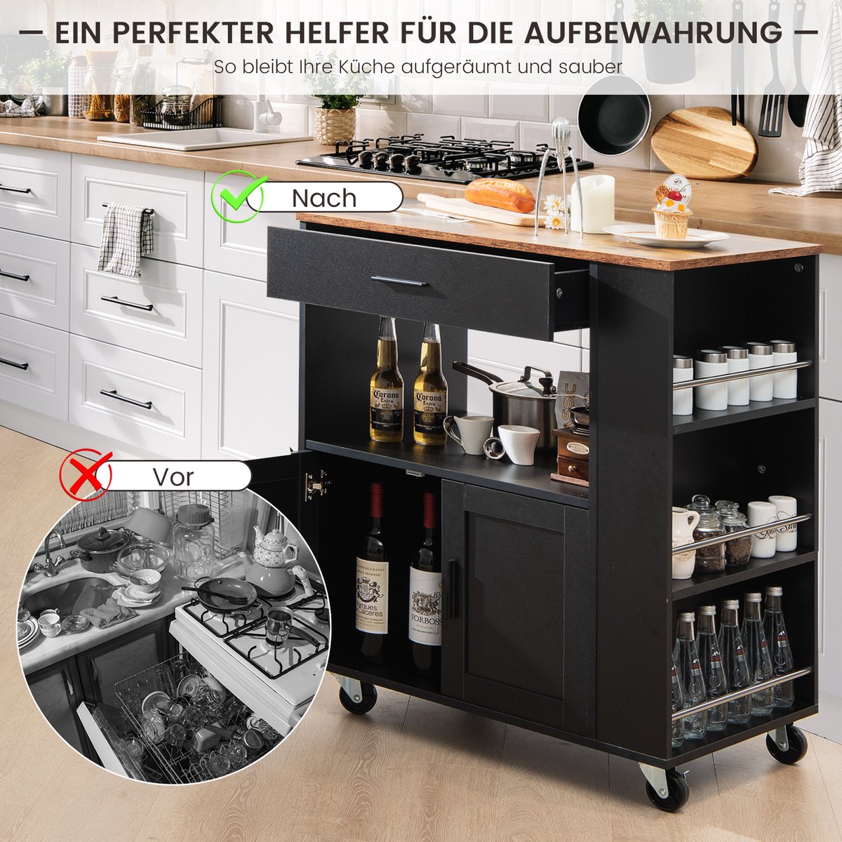 SoBuy Centraal Keukeneiland, Keukenkast, Keukenrek, Keukenwagen, Keuken Werktafel, Buffetkast, Dressoir met Rubberhouten Blad, 2 Deuren, 2 Laden en Flessenrek met 2 Niveaus, 109x38x92cm, FKW114-GR SoBuy Centraal Keukeneiland, Keukenkast, Keukenrek, Keukenwagen, Keuken Werktafel, Buffetkast, Dressoir met Rubberhouten Blad, 2 Deuren, 2 Laden en Flessenrek met 2 Niveaus, 109x38x92cm, FKW114-GR