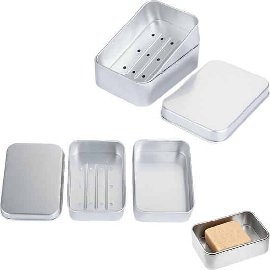 Zeepbakje van aluminium, 2 stuks zeepbakje met afdruiprooster, roestvrij, waterdicht, voor op reis, zeephouder met deksel, metalen zeepbakjes voor thuis of op reis camping