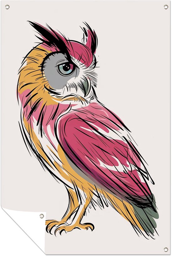 Kleurrijke moderne uil lijntekening - Uil tuinposter - Poster van buiten dier - Lijntekening - Weerbestendige poster - Weerbestendige tuinposter - tuinposter 60x90 cm