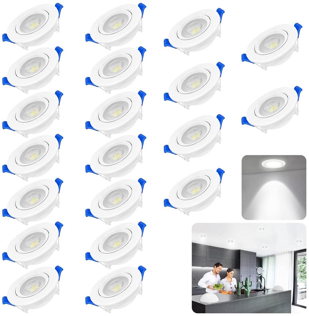 Aufun LED Inbouwspot Vlak 20x5W Koel Wit Led Inbouwspots 230V, Plafondspot IP21 voor Woonkamer, Slaapkamer, Hal, 6000-6500K