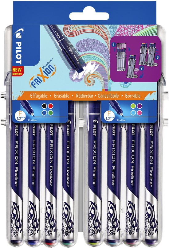 Verpakking van 8 Pilot Frixion fineliners, met informatie over uitwisbaarheid en kleurenpaletten.