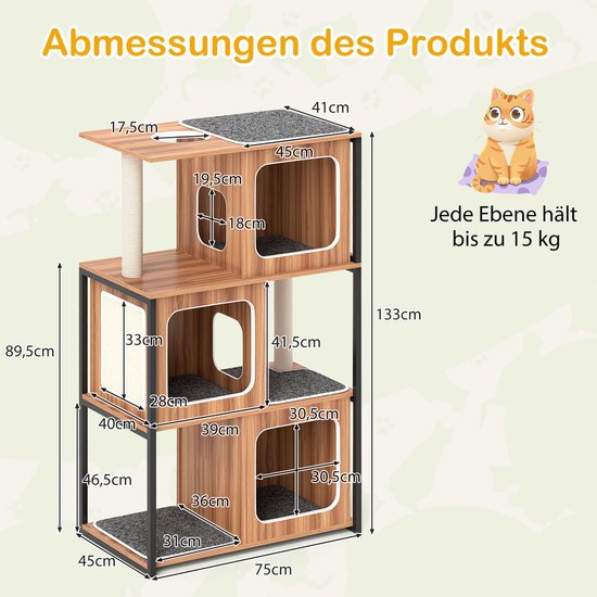 Afmetingen van de kattenboom, 75 x 45 x 133 cm, met etages die elk tot 15 kg dragen.