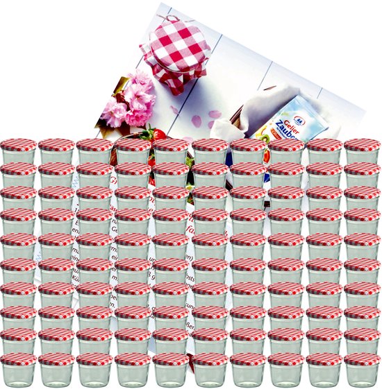 Set de 100 pots de confiture de 230 ml bocal de conservation Jusqu'à 82 couvercle à carreaux rouges incl. Livret de recettes Diamant-Zucker Gelierzauber