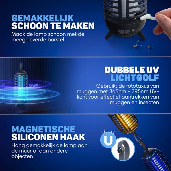 Muggenlamp schoonmaken met borstel, dubbele UV lichtgolf 365nm-395nm, en magnetische ophanghaak.