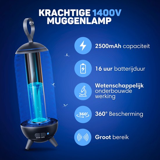 Krachtige 1400V muggenlamp van Vulpes Goods met 2500mAh batterij, 16 uur batterijduur en 360° bescherming.