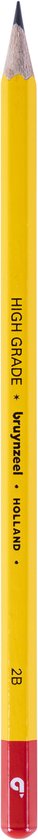 Gele potlood met "HIGH GRADE", "bruynzeel", "HOLLAND" en "2B" in zwarte tekst. Rode punt met wit logo.