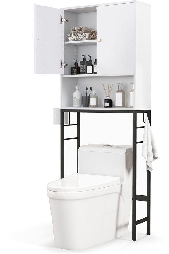 Foto: Costway toiletkast vrijstaand toiletrek met 2 deuren en 2 haken badkamerrek met verstelbaar rek en metalen frame bovenbouwkast wasmachinerek 63 x 23 x 165 5 cm wit 