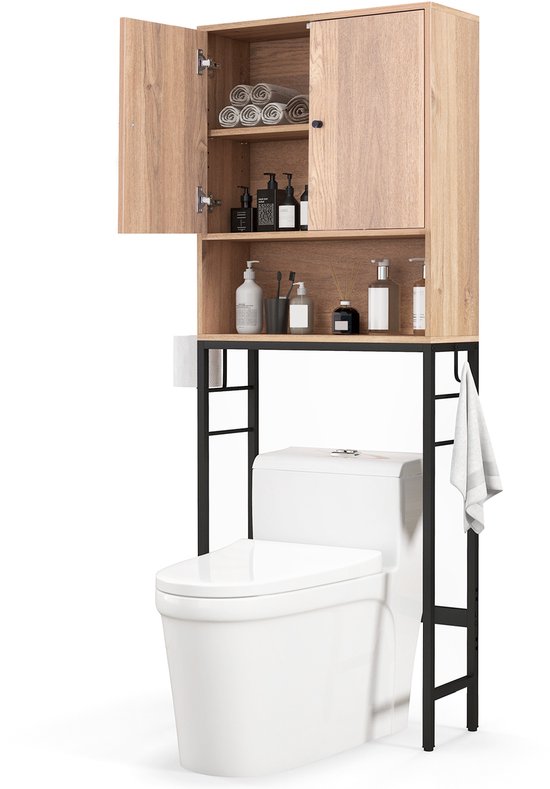COSTWAY Meuble de toilette sur pied, étagère de toilette avec 2 portes et 2 crochets, étagère de salle de bain avec étagère réglable et cadre en métal, meuble haut, étagère pour machine à laver, 63 x 23 x 165,5 cm (naturel)