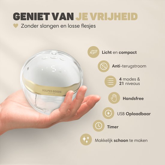 Hand houdt een witte, gouden borstkolf vast. Tekst: 'Licht en compact'.