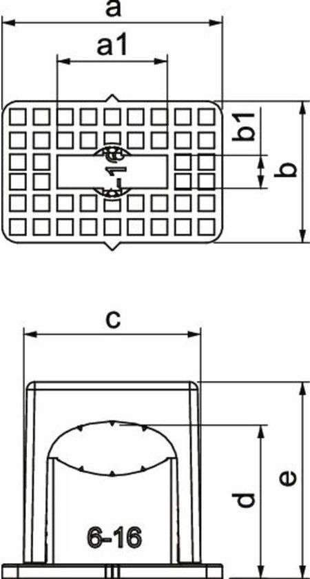 Technische tekening van grijze OBO drukzadel met afmetingen en "6-16" aanduiding.