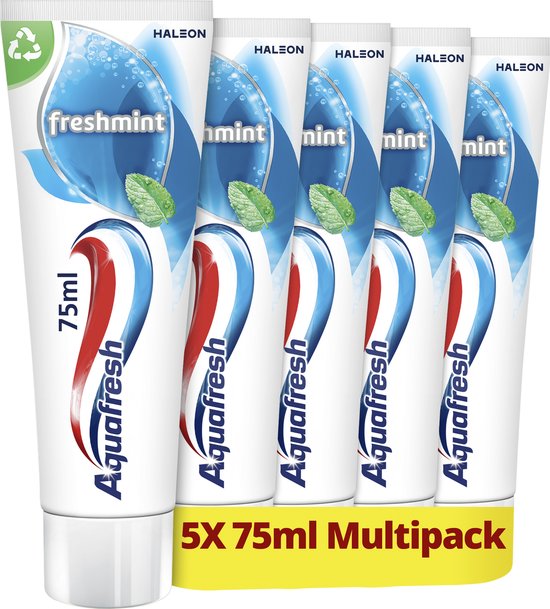 Aquafresh Freshmint 3in1 tandpasta voor een frisse adem voordeelverpakking 5 x 75ml, recyclebare plastic tube en dop