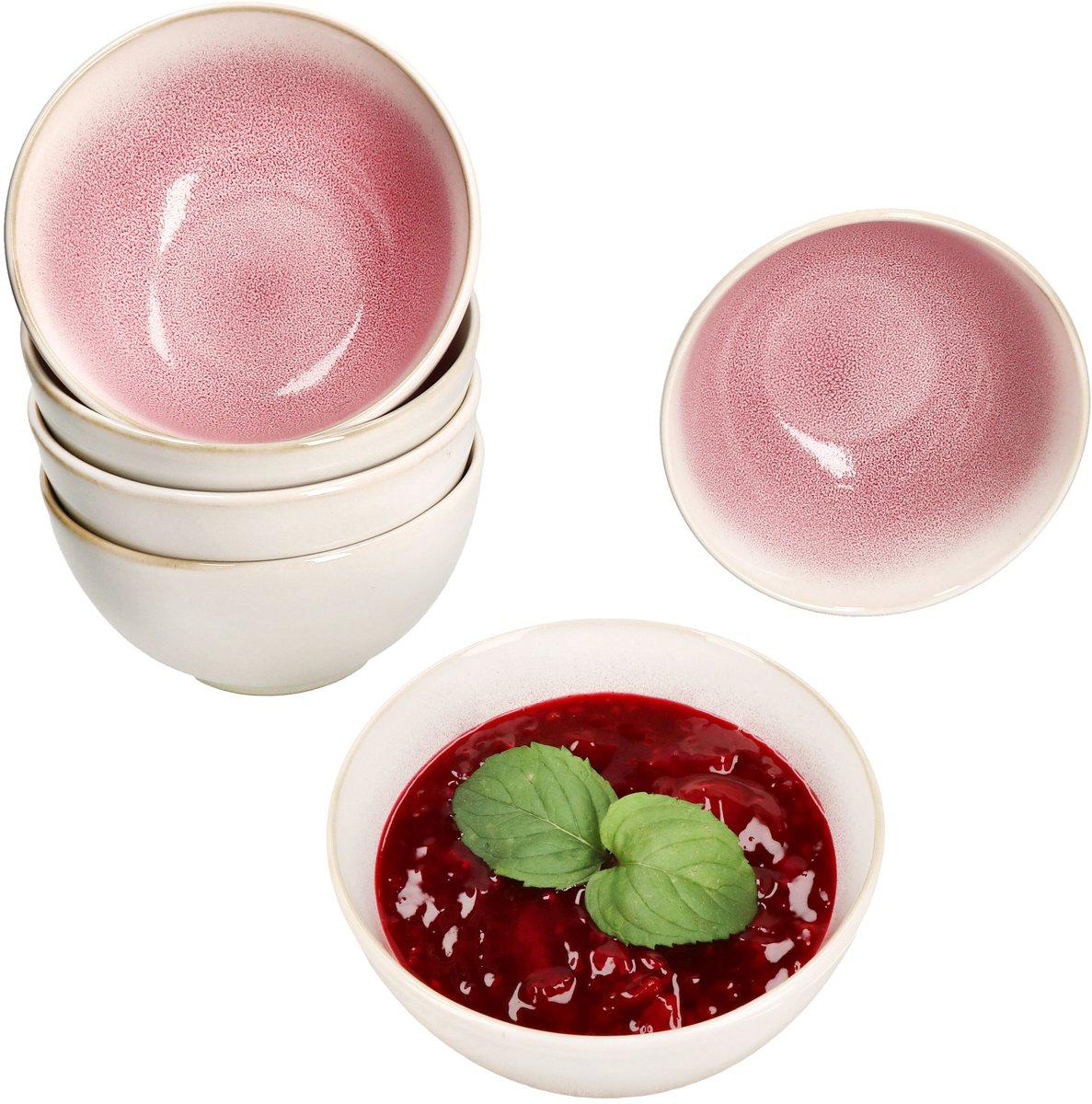 Set van 6 REACTIVE GLAZE PARIS graankommen 14cm crème & roze steengoed