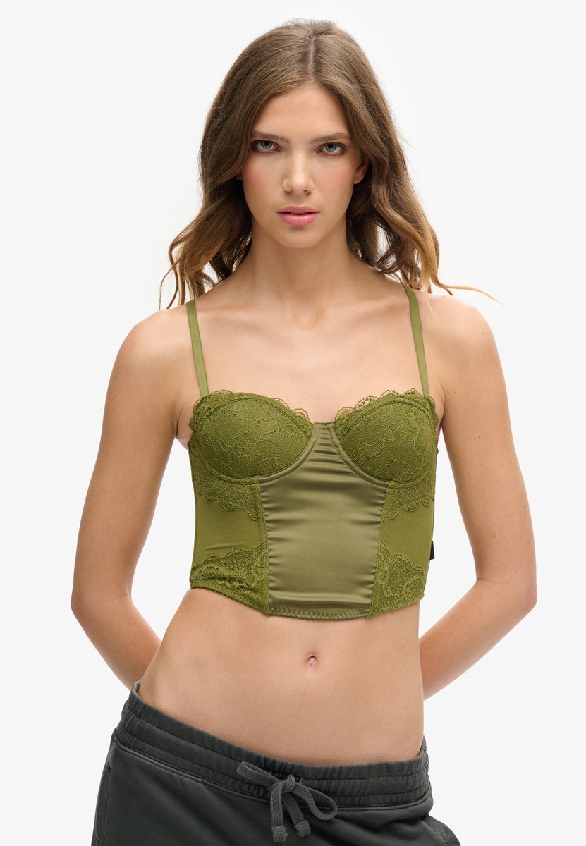Superdry Korsettop van satijn en mesh met kant Dames Tops Khaki