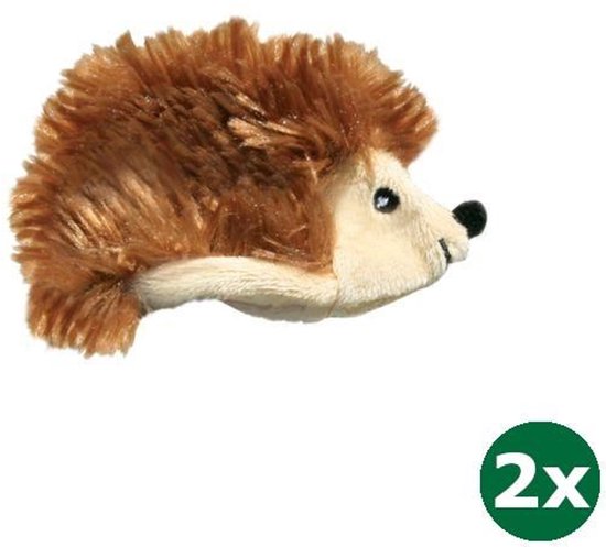 Bruine, pluizige pluche egel met zwarte neus en ogen, 2 stuks.