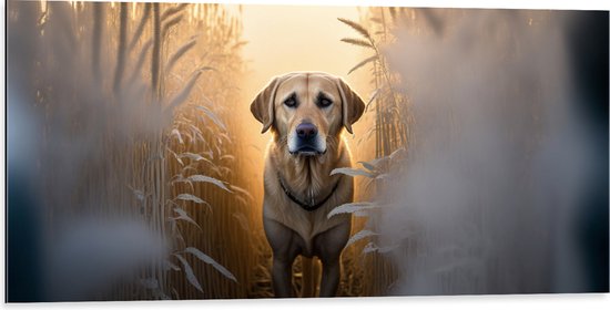 Dibond - Lichtbruine Hond tussen de Hoge Grassen in Weiland - 100x50 cm Foto op Aluminium (Met Ophangsysteem)