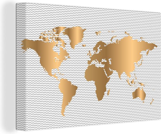 Canvas Wereldkaart - 90x60 - Wanddecoratie Wereldkaart - Goud - Patroon - Kinderen - Jongens - Meisjes