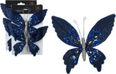 Decoris Décoration de sapin de Noël papillons sur clip - 4x pcs - bleu foncé - 15 cm