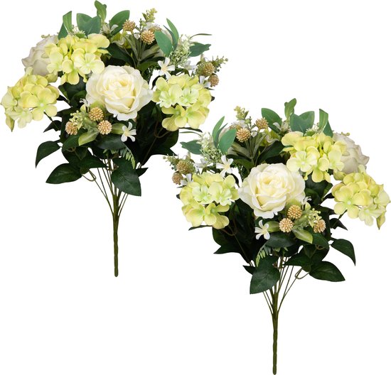 Louis Maes Kunstbloemen boeket rozen/hortensia met bladgroen - 2x - creme wit/geel - H52 cm - Bloemstuk