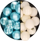 Decoris - kerstballen 24x st - mix wol wit/ijsblauw - 6 cm - kunststof - kerstversiering