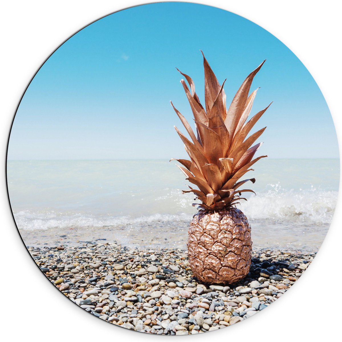 Dibond Muurcirkel - Zee - Eten - Annanas - Stenen - Water - 70x70 cm Foto op Aluminium Muurcirkel (met ophangsysteem)
